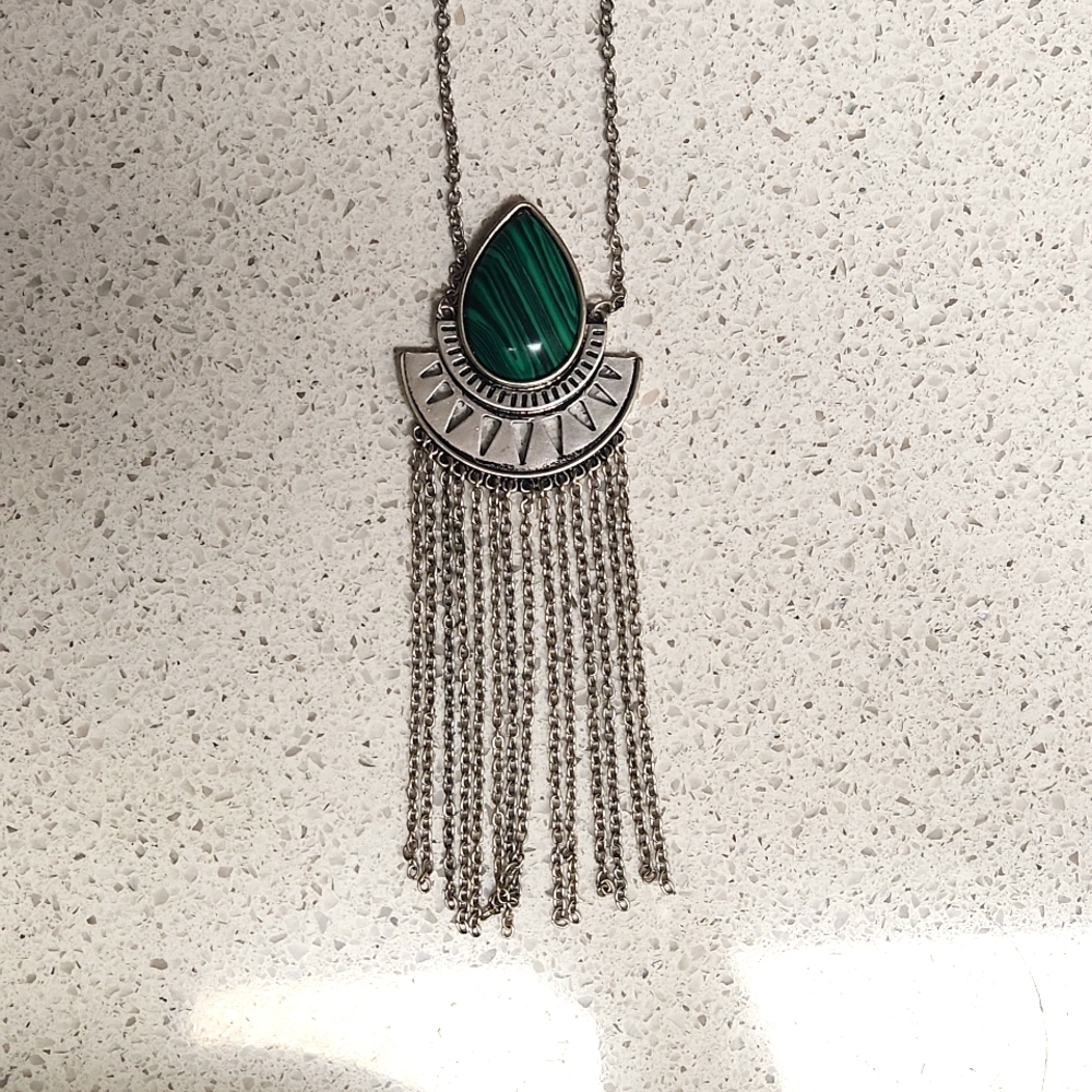Maurices Long Silver and Green Drop Necklace with Tassels